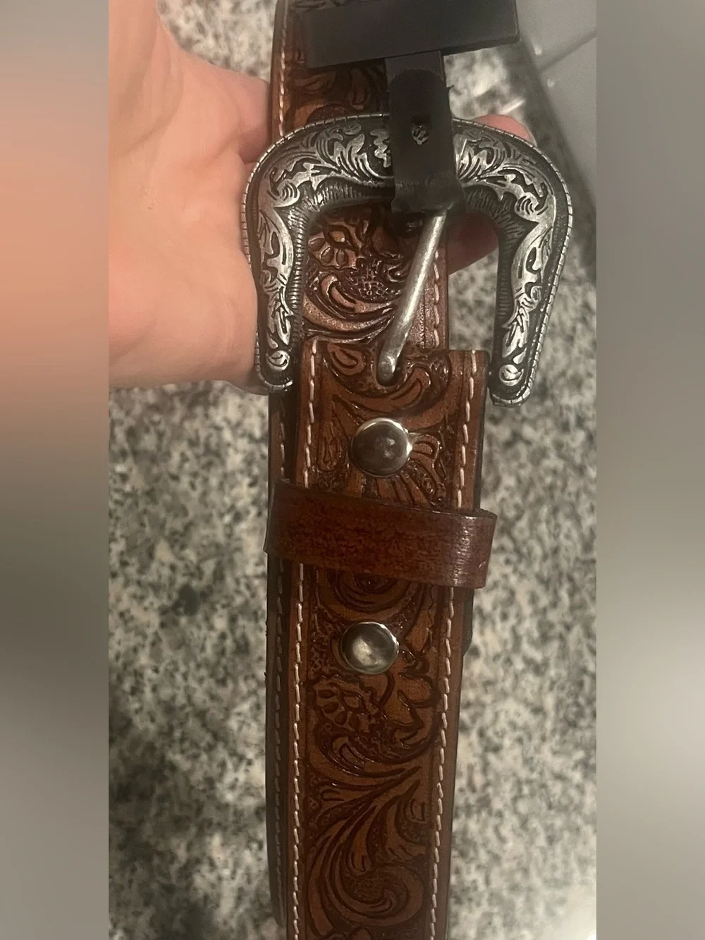 Men's Brown Tooled Leather Belt with Floral Scroll Pattern